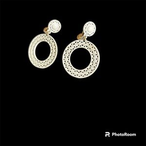 Vintage Monet White Enamel Geometrical Hoop Earrings